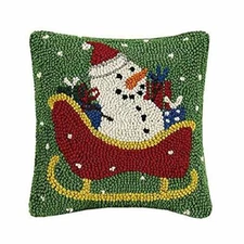 Peking Handicraft Santa Snowman Holiday Hooked Wool Pillow, 10-inch Square
