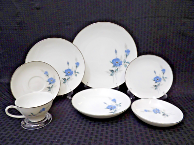 Noritake SYLVIA 6603 Fine China Blue Flower w/ Platinum Trim 7 pc