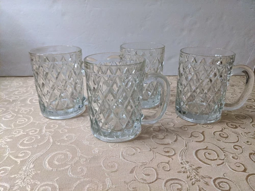 4 Vintage Paul Sebastian Crystal Diamond Crisscross Handled Glass Mug Cup