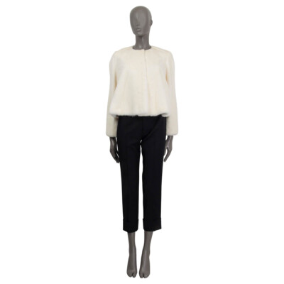 63957 auth CHRISTIAN DIOR ivory white FUR COLLARLESS CROPPED 63957 auth CHRISTIAN DIOR ivory white FUR COLLARLESS CROPPED