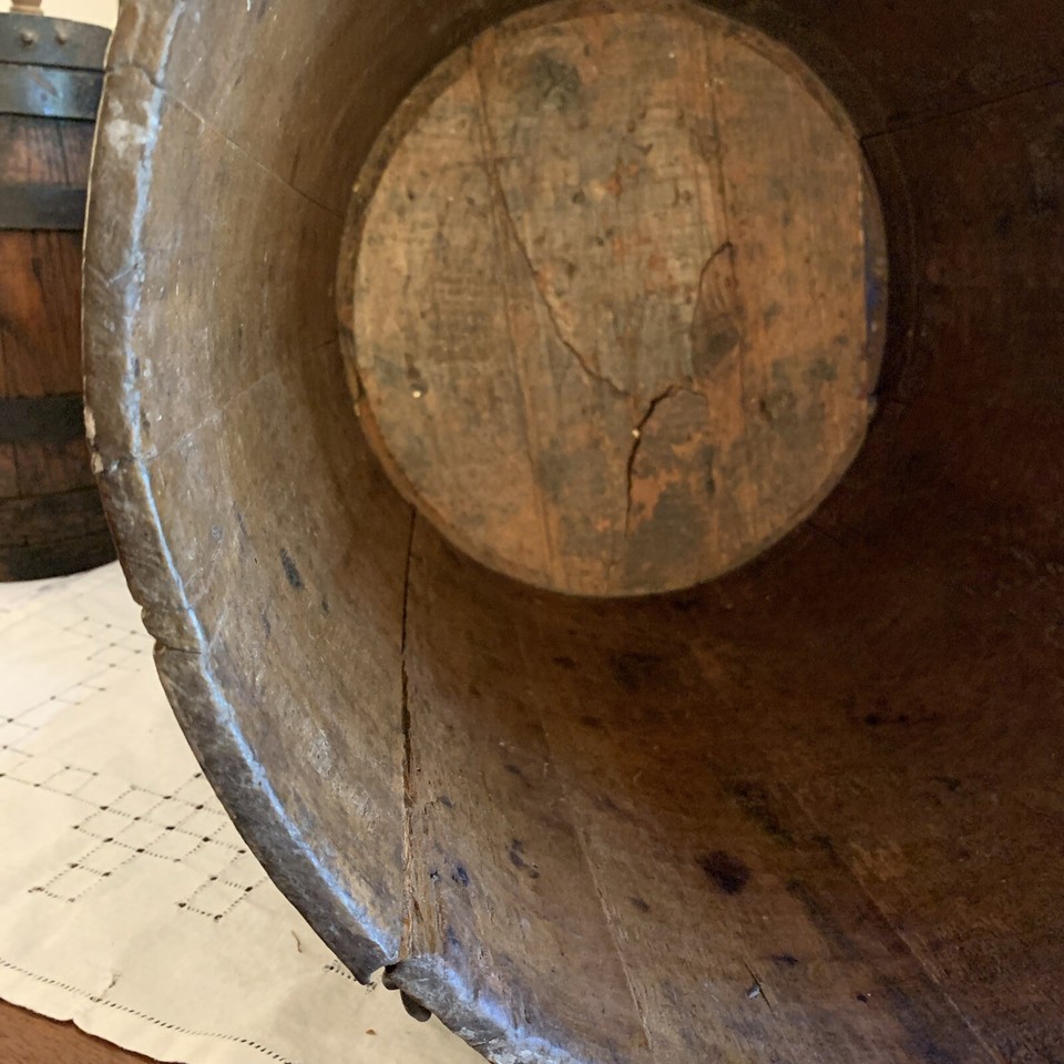 Antique Large Primitive Wooden Bucket Pail Metal Bands Water Bucket