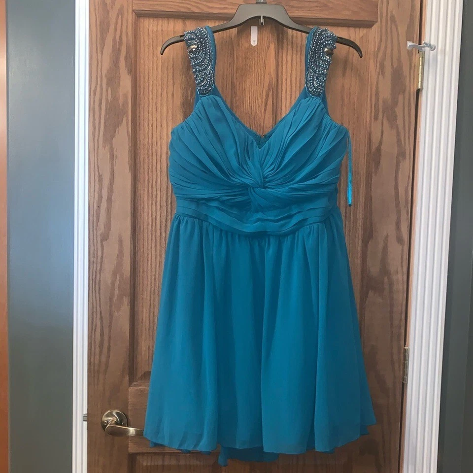 蓝绿色舞会/正装珠饰连衣裙,高低加 16 码 — 第 2/4 张图片