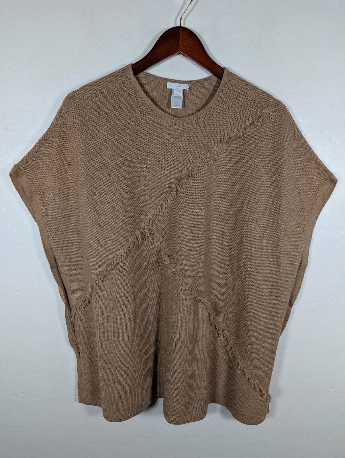J Jill Sweater Womens XS Small Brown Poncho Pullover Short Sleeves Fringe Slits