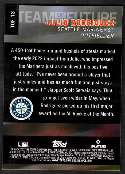 2022 Julio Rodriguez Topps Stadium Club Rookie RC Team of the Future TOF-13 - Image 2 of 2