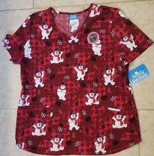 Frosty the Snowman Women Scrub Top Red Performance Stretch Pockets sz Large NEW