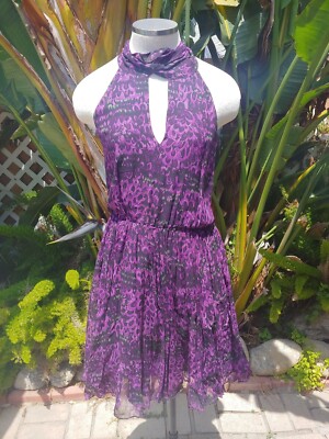 Halston Heritage Dress Silk Pleated Purple Neck Tie cutout Faux Halter Size  6 | eBay