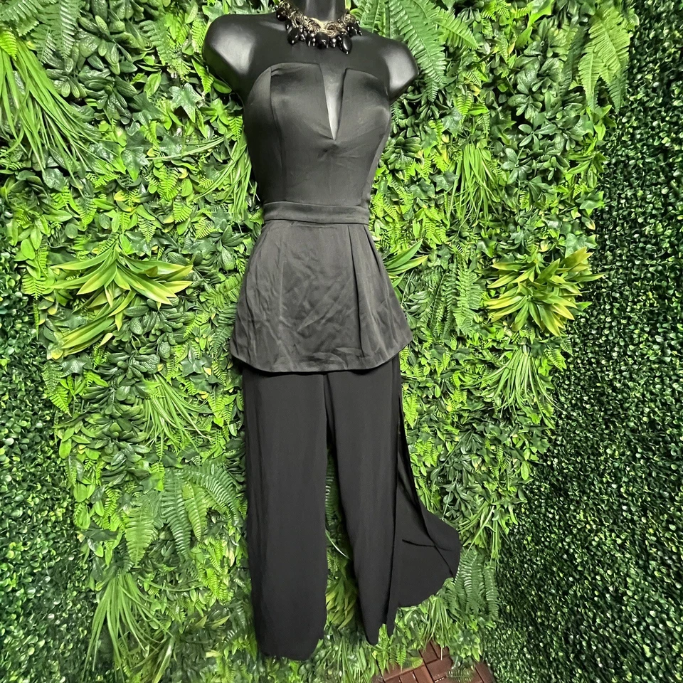 Mono mujer semilla mostaza pequeño negro pantalones sin tirantes peplum pierna transparente 1711 Foto 3 de 4