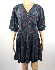 Vintage 90s Black Red Green Floral Women Velvet Short Party Dress Size 6-8