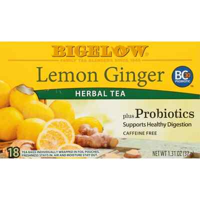Bigelow Tea Lemon Ginger Herbal Tea Plus Probiotics 18 Bag(S) -Pack of 4