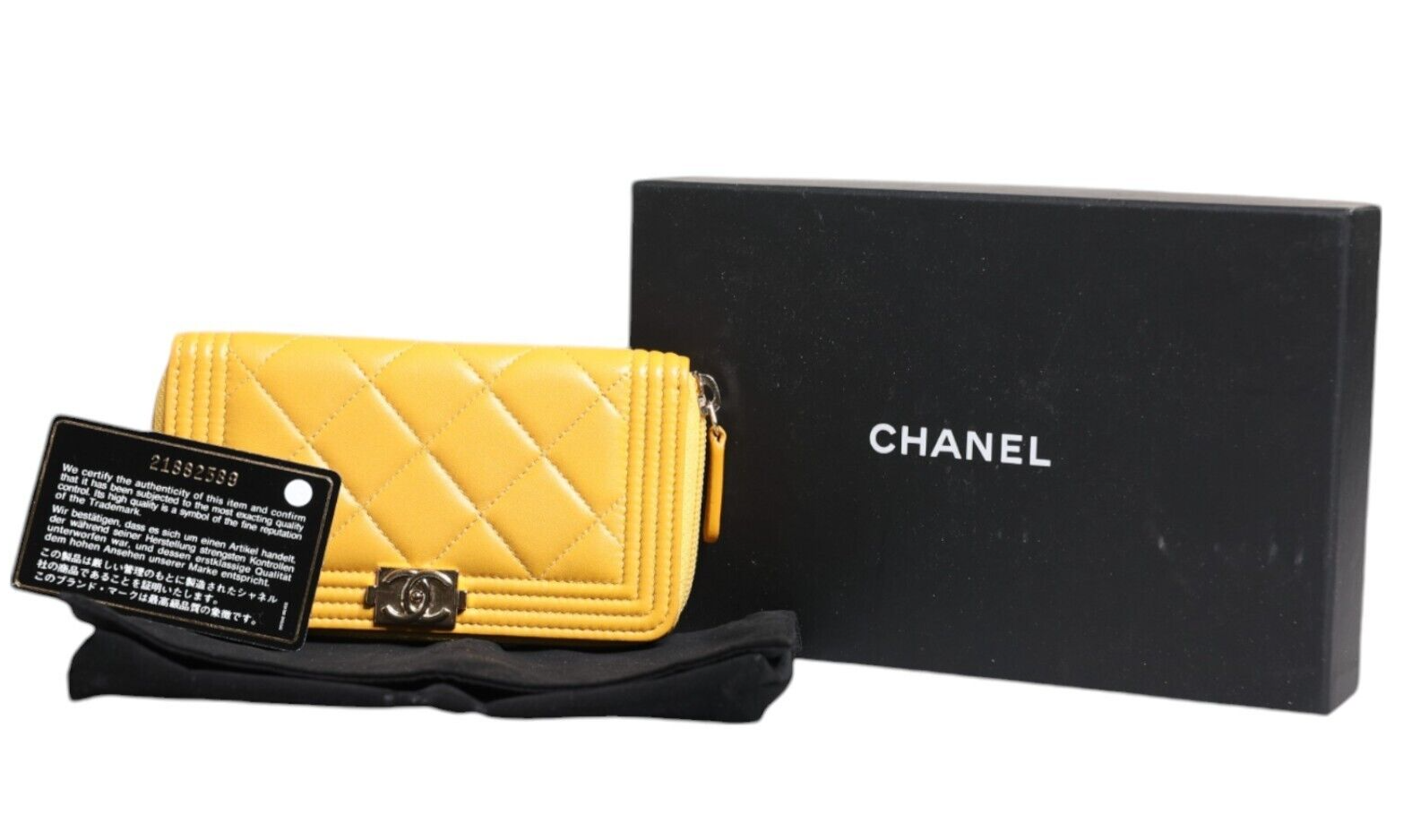 CHANEL BOY Wallet Yellow Quilted Leather CC Logo Continental Zip Box 21P