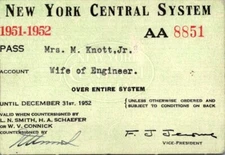 1951 - 1952 New York Central System Railroad Pass - Engineer
