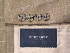 BURBERRY Mens 42L Wool & Silk Blazer Jacket Green Blue Gold Windowpane 3 Buttons
