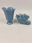 Vintage 2 Stangl Art Pottery Tulip Leaf Vase Matte Blue Scalloped MCM