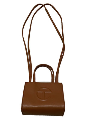 Telfar Mini Tote Shopping Bag brown Logo, Lined, Double Handles, Strap, Mag