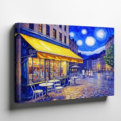 Starry Night Cafe Scene Canvas Wall Art Cityscape Outdoor Evening Decor Print