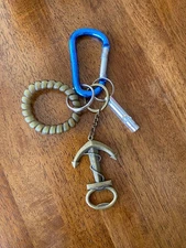 4 Piece Keychain Set Coil Wristlet Whistle Brass Anchor Bottle Opener Carabiner