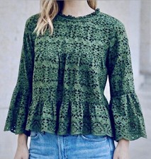 Veronica Beard Emmalyn Top 6 Forest Green Eyelet Tiered Ruffle Blouse Size 6