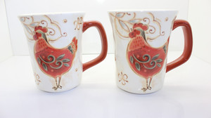 Pier 1 Imports Set of 2 Gallo Rooster Design Coffee Tea Mugs Ironstone 14 oz
