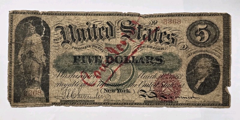 1863 Contemporary Counterfeit $5 Legal Tender Banknote