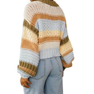 BIBI Chunky Knit Cropped Sweater Striped Boho Neutral Blue Brown Small NWOT