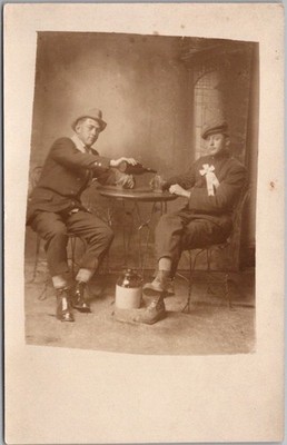 c1910s Real Photo RPPC Postcard Two Guys Getting Drunk in Photographer's Studio