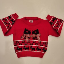 Vintage Kids Scottie Dog Terrier Heart Bows Red Sweater Made In USA