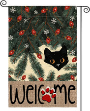 Christmas Garden Flag 12X18 Inch Double Sided Outside, Black Cat Winter Seasonal