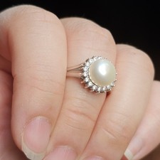 Vintage 925 Sterling Silver Pearl Cubic Zirconia Halo Ring Size 7 - 4.36g