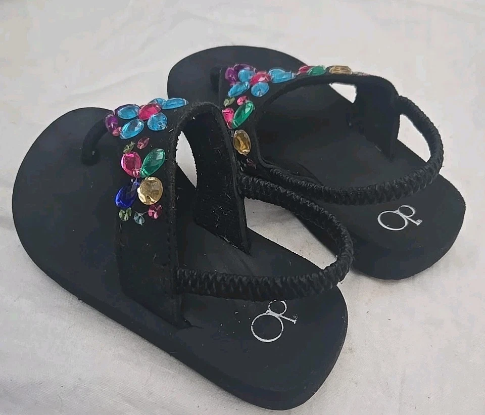 Toddler Girls Op Black Flip Flops with Rhinestones Gems Flowers Ankle Strap 9-10 - Image 4 of 4
