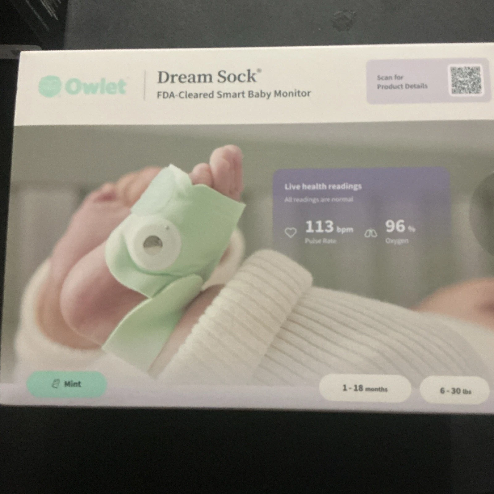 Owlet Dream Sock Baby Monitor Oxygen Level Heart Rate Portable FDA-Cleared