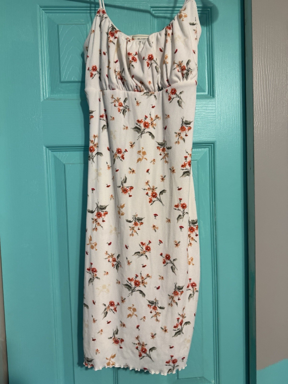 No Comment White Orange Green Floral Ribbed Midi Sheath Dress S Sleeveless Strap