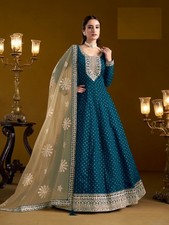 Peacock Blue Chanderi Butti Anarkali Suit for Women  Premium Embroidered Gown S