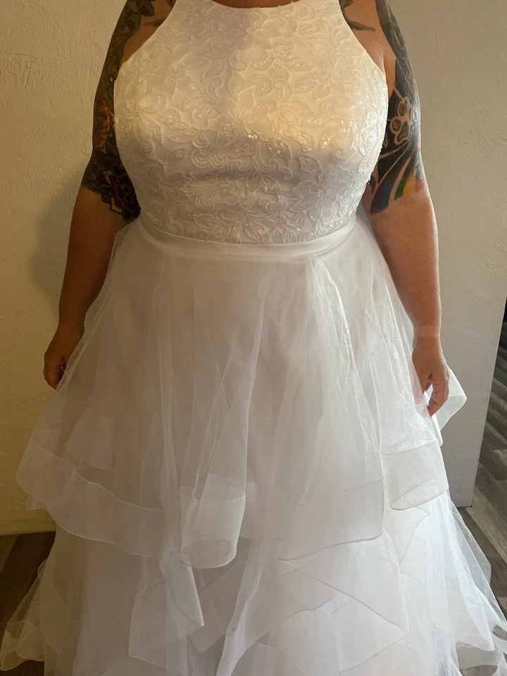 Vestido de novia David's floral lentejuelas en capas talla grande 20W blanco suave nuevo Foto 4 de 4