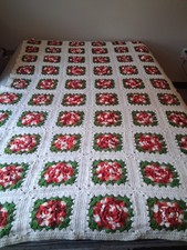 Vintage Granny 3D Rose Square Crochet Afghan Blanket Red White Handmade Flower