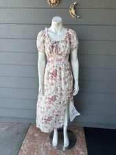 Floral Puff Sleeve Midi Dress Square Neck Ruffle Side Slit White Pink Green