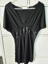 Charlotte Russe Large Black Sequin Dolman Sleeve V Neck Top/Tunic VTG Y2K Ruched