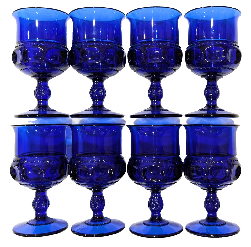 8 Indiana Glass Kings Crown Thumbprint Cobalt Blue Large Goblet 5.5" Vintage