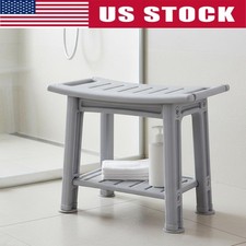 Waterproof Shower Bench Seat with Shelf White Poly Sturdy Non-Slip Stool for Ins
