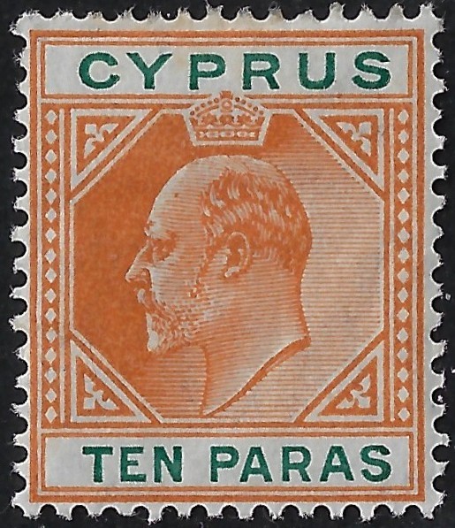Cyprus Scott 49, MH, CV $6, KEVII wmk Mult crown CA, 10 pa orange & green(10k360