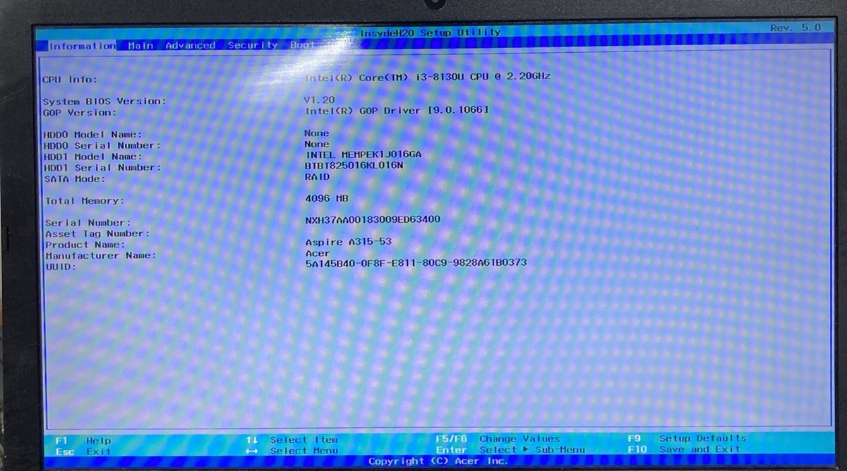 ACER ASPIRE 3 N17C4 i3-8130U 2.20GHz 4GB no HDD Boot to BIOS | eBay