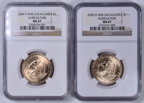 2009 P&D SMS Sacagawea Dollar Agriculture - NGC MS67/67 - 2 Coin Set 
