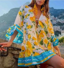 Antica Sartoria 2026 Aqua White Lemon Positano Tie Front Dress NWT O/S