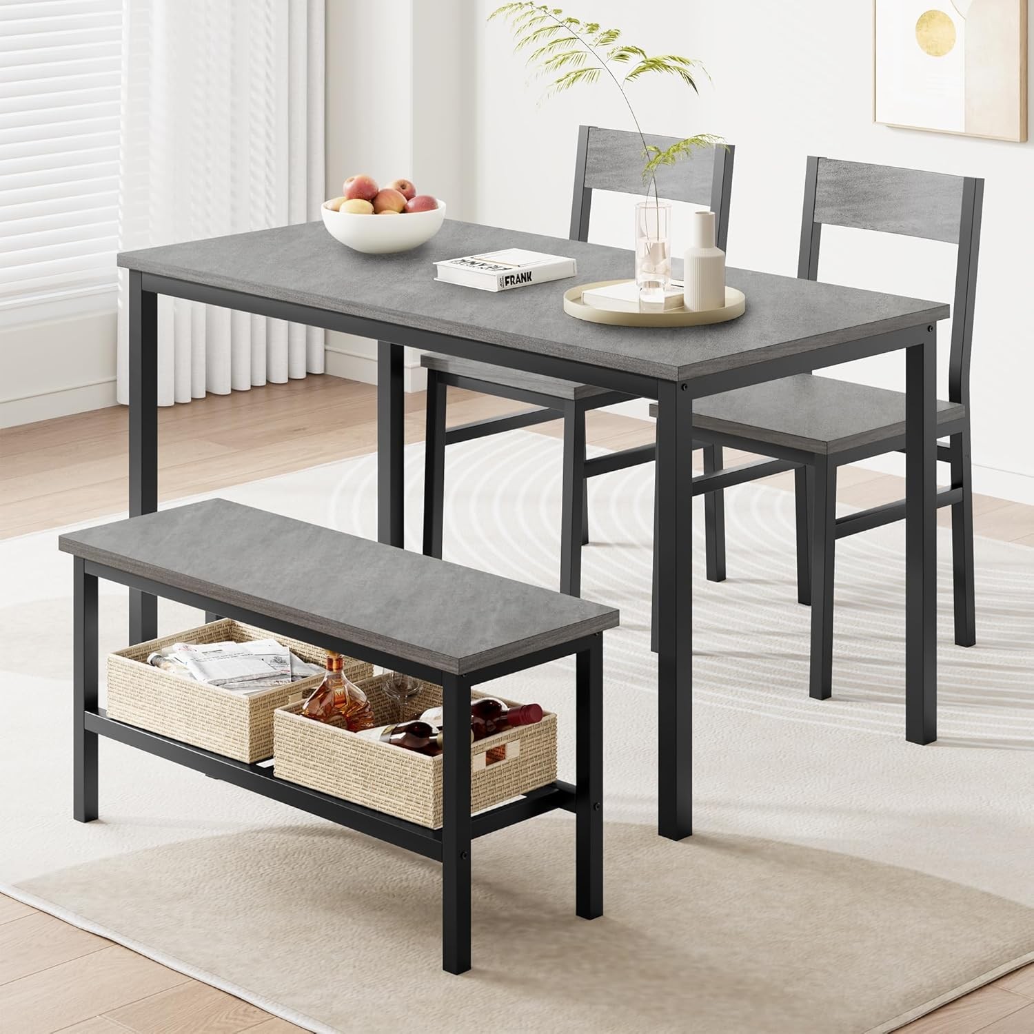 4-Piece Rectangular Dining Table Set with Chairs and Bench Space-Saving Design