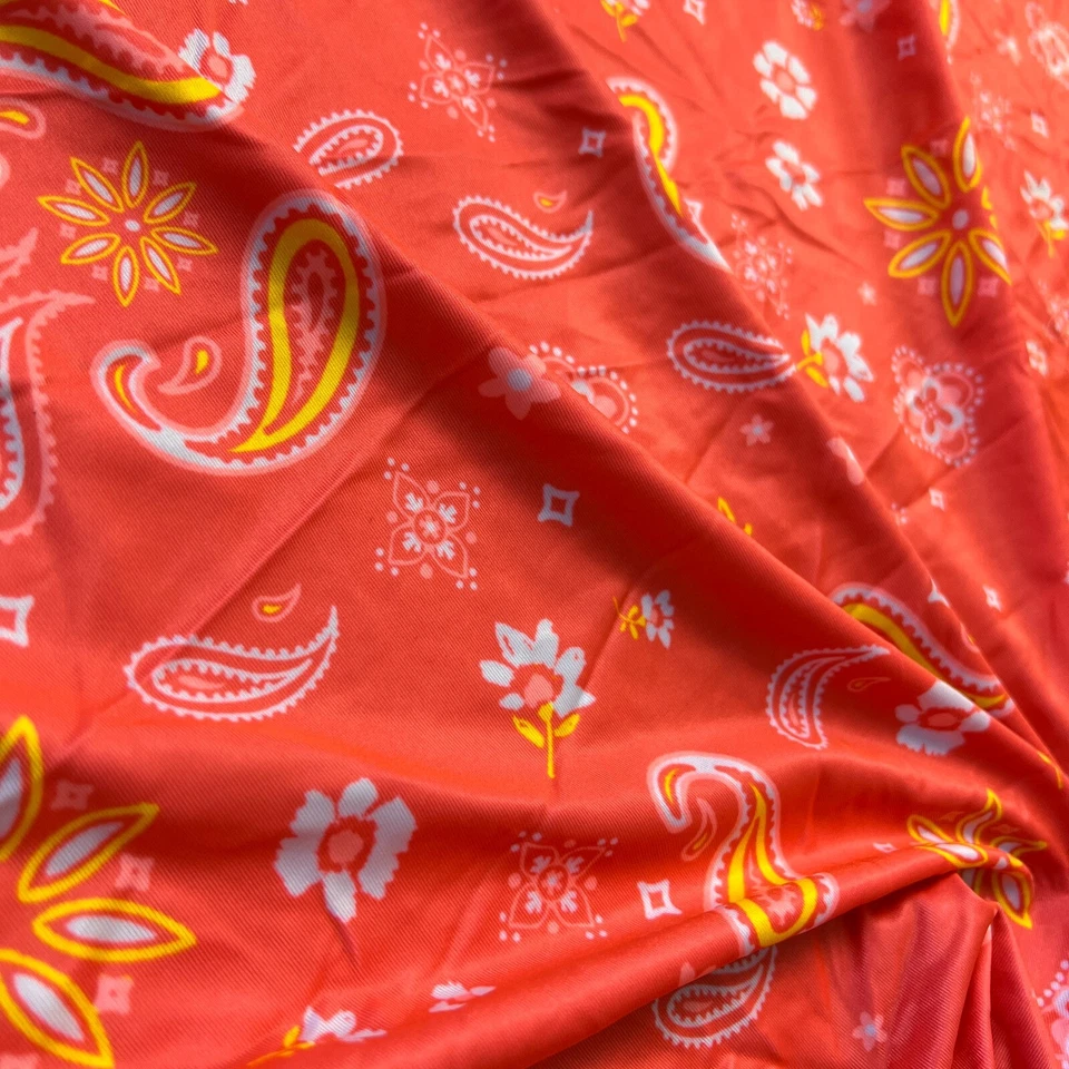 Tela de spandex de nailon con estampado naranja de cachemira y flores de diseño elástico de 4 vías Foto 4 de 4