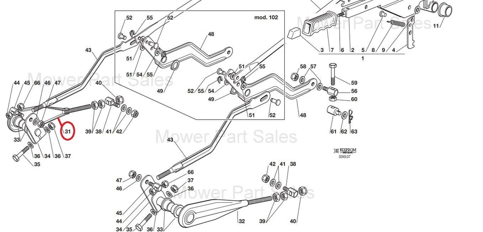 Brazo elevador de plataforma de palanca Fulcrum delantero derecho Castel Garden TCX102 Mountfield Honda - Imagen 2 de 3