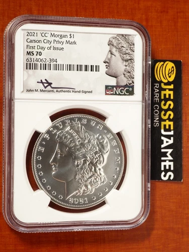 2021 CC PRIVY MORGAN SILVER DOLLAR NGC MS70 FIRST DAY ISSUE FDI MERCANTI SIGNED