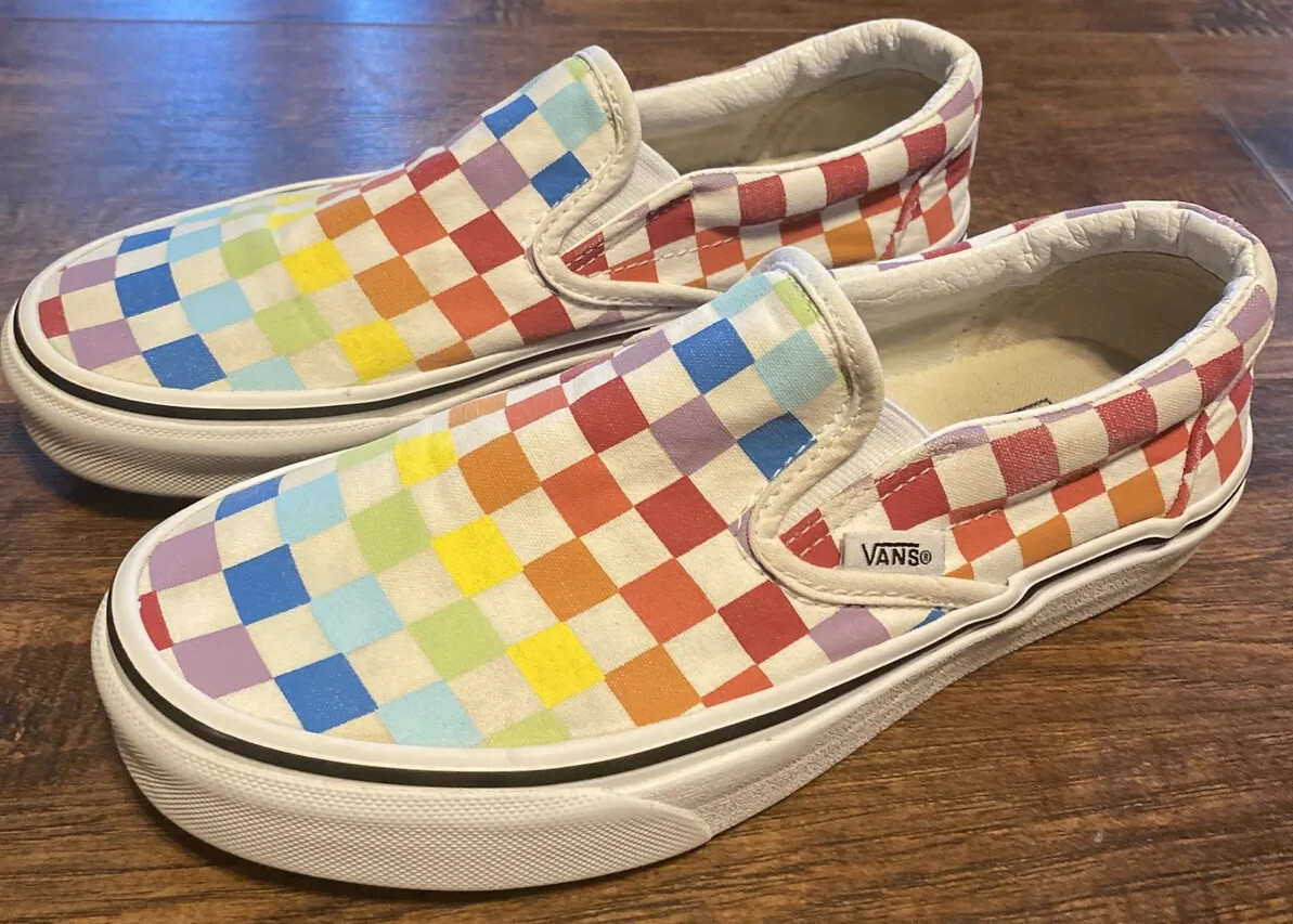VANS Slip-On Canvas White Rainbow Checker Loafers Women 6.5 Men 5-image