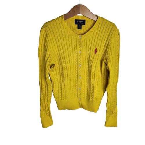 Polo Ralph Lauren Cable Knit Cardigan Sweater Girls Medium 8-10 Yellow Pink Pony