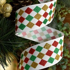 Christmas Red Green Gold Glitter Diamond Jester Harlequin Wired Ribbon 1.5"wx10y