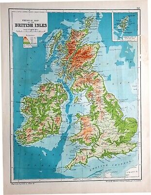c1880 MAP BRITISH ISLES PHYSICAL SHETLAND SCOTLAND IRELAND